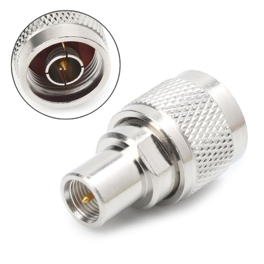 RF coaxial adapter, silver, knurled grip, male and female RF connectors