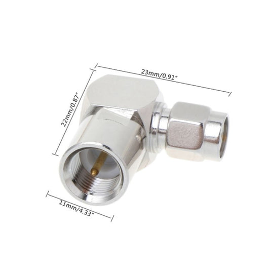 Right-angle coax adapter with side view and key dimensions on metal RF connectors