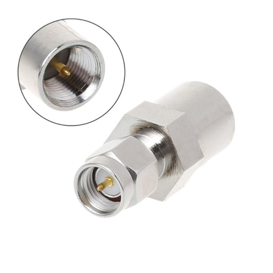Metal RF coaxial adapter with male threaded ends, silver finish