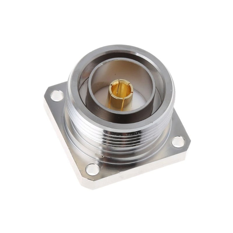 7/16 DIN female coaxial adapter, metal flange and center pin socket, top view