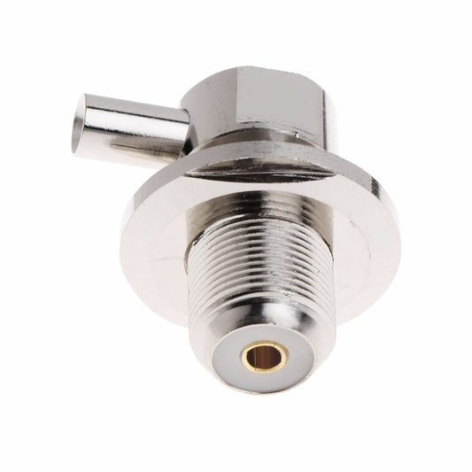 UHF female SO-239 right-angle RF connector, round flange with gold center contact