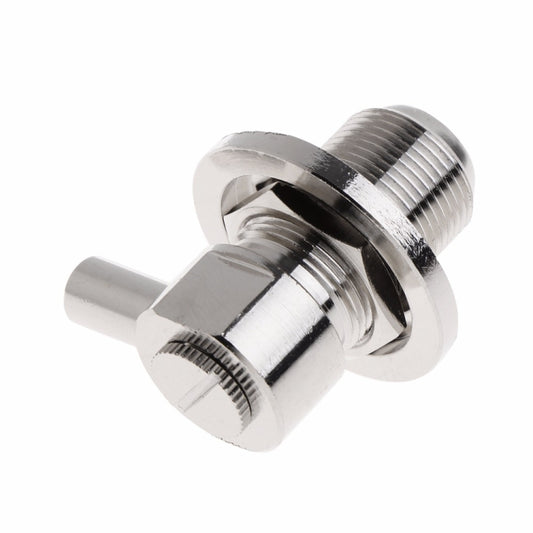 Right-angle female SO-239 RF coaxial connector with threaded coupling, silver metal