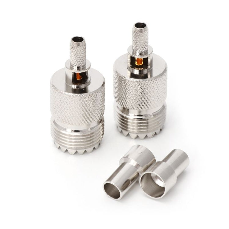 UHF female crimp RF coaxial adapters with silver crimp sleeves and center contact