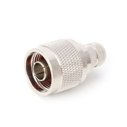 Silver RF coaxial adapter, male plug with textured grip and inner pin opening