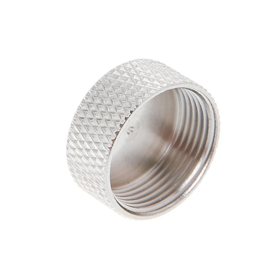 UHF N female RF dust cover cap, side view with textured knurled outer edge