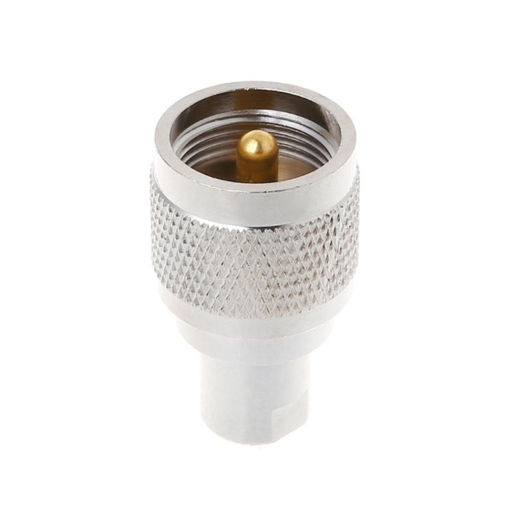 UHF male connector adapter, silver metal body with gold center pin and male threads