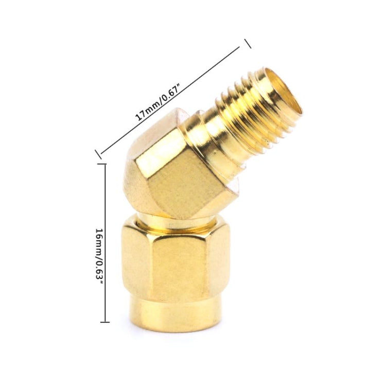Brass SMA conical adapter connector with labeled overall size and angle
