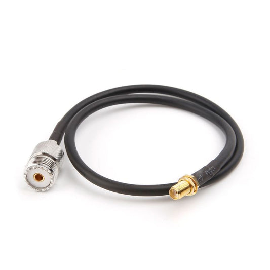 SMA female to UHF PL259 female coaxial cable with black RG58 leads, 50cm.