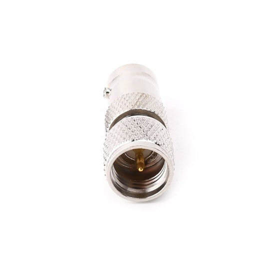 Mini UHF male RF connector plug with central gold contact in silver metal body