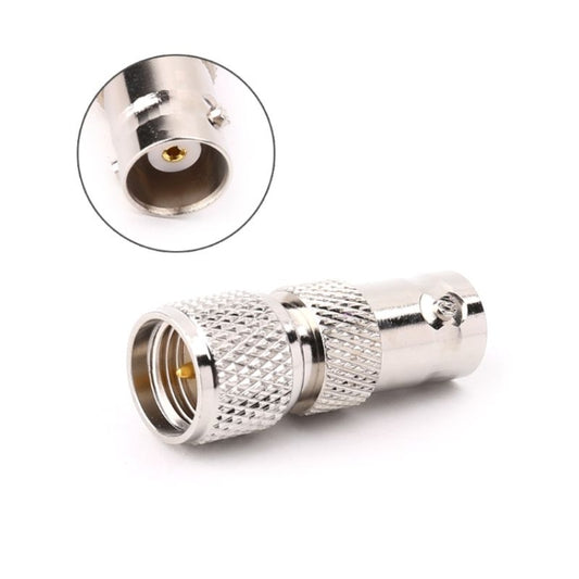 BNC female to mini UHF male RF adapter with chrome knurled grip and brass contact