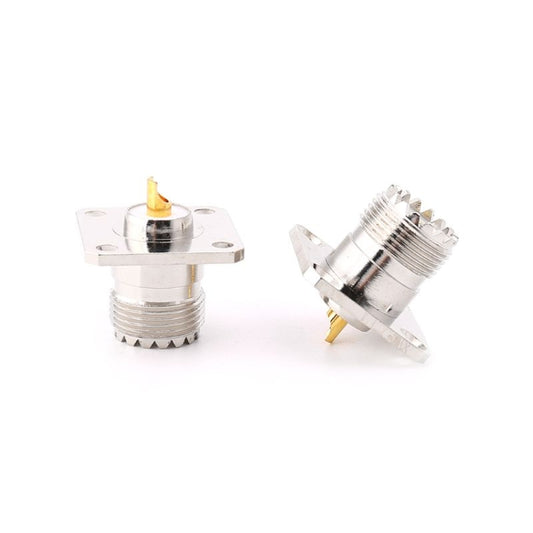 UHF SO-239 female flange panel mount adapters, angled pair, silver with amber insulators