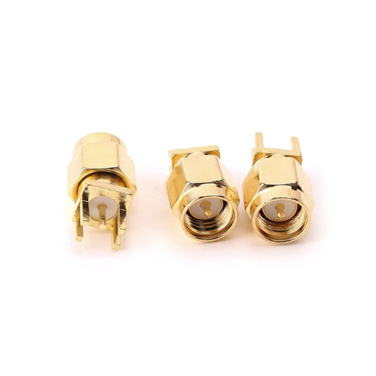 SMA female PCB clip-mount RF connectors, gold tone, front and rear views