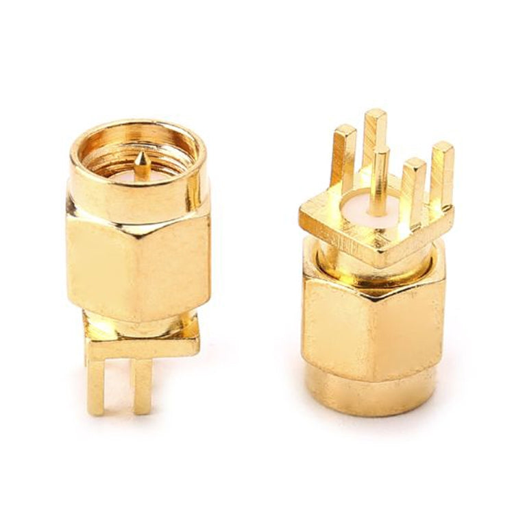 SMA female PCB clip-mount RF connector pair, gold tone, pin header underside