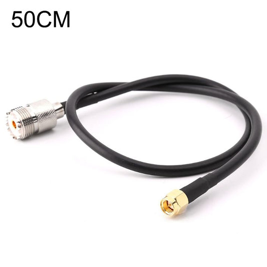 RG58 UHF female to SMA male coax cable, 50cm, black with silver and gold ends