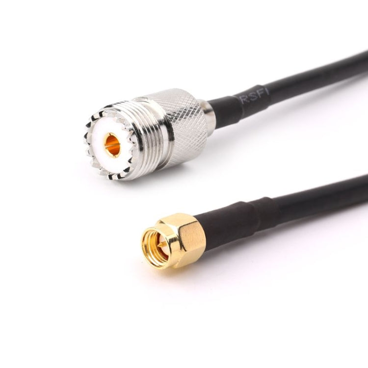 RG58 coaxial cable connector close-up: silver UHF female and gold SMA male on black lead