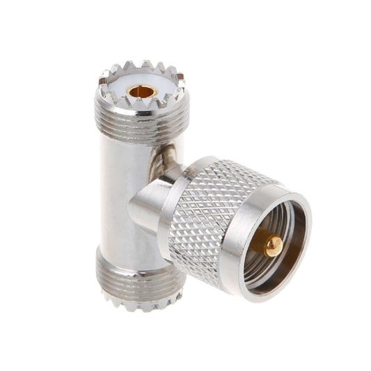 UHF RF T-adapter, silver metal, PL259 male to dual UHF female connectors