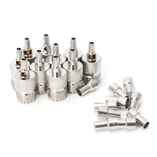 Silver UHF female crimp RF coax connectors and extra metal sleeves, SO239-style