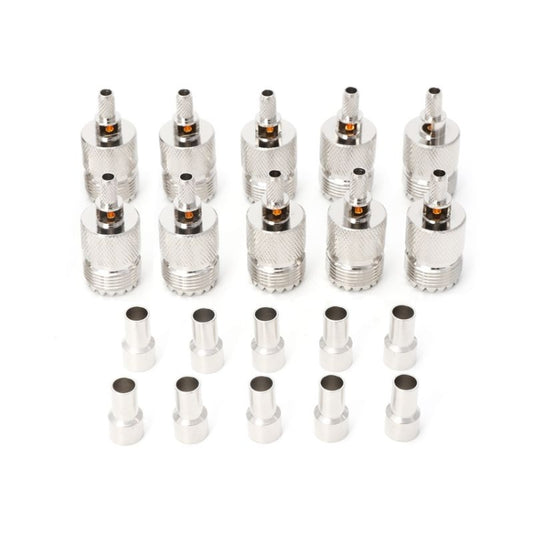 Set of 10 silver UHF female crimp RF coax connectors, SO239-style jacks