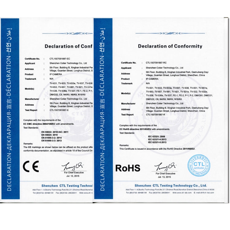Regulatory compliance documents with CE and RoHS labels