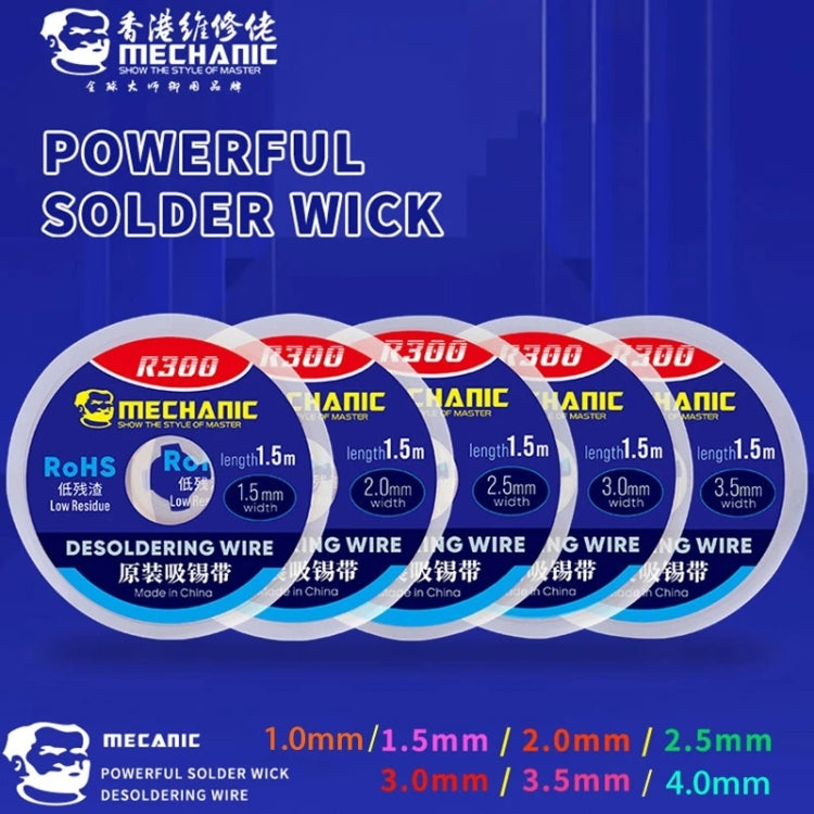 Row of MECHANIC R300 desoldering wire spools, widths 1.0–4.0mm, 1.5m length
