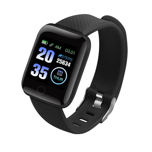 Black smartwatch-style fitness tracker with square color screen and silicone strap
