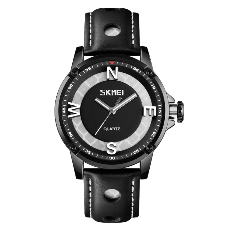 Men's quartz wrist watch with black dial, luminous hands, and black leather strap
