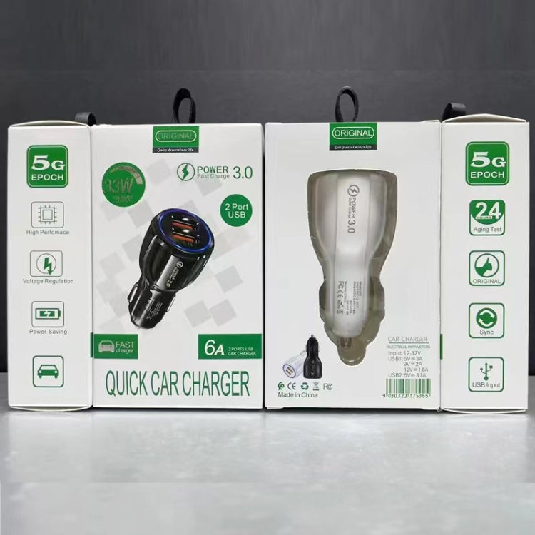 Car charger kit boxes showing dual USB QC 3.0 and 8-pin fast charging