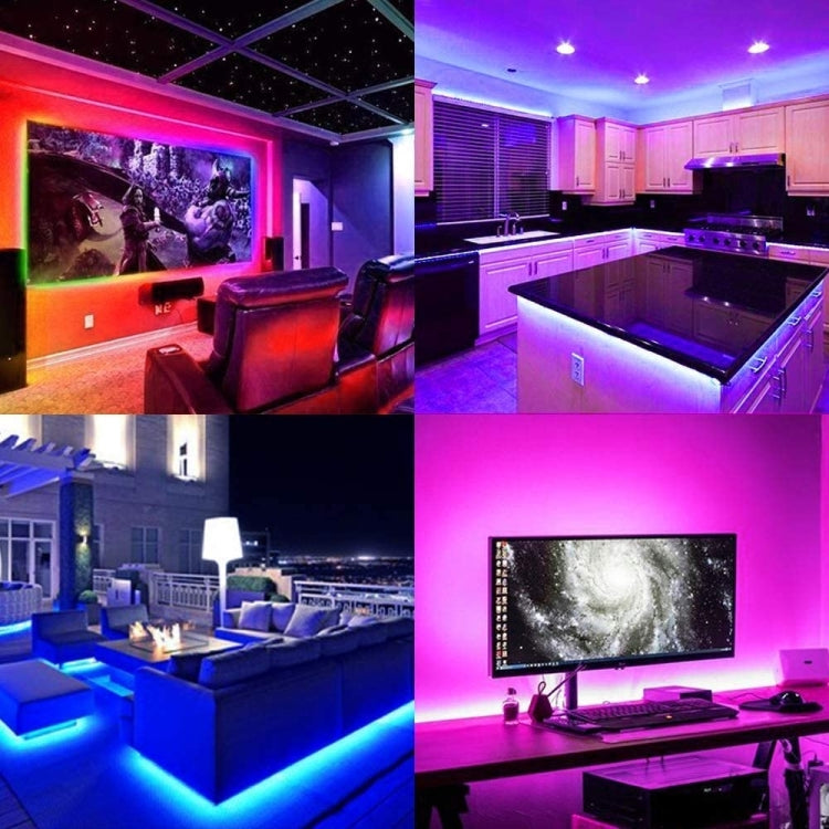 RGB LED strip lighting effects with colorful illumination in a multi-room interior