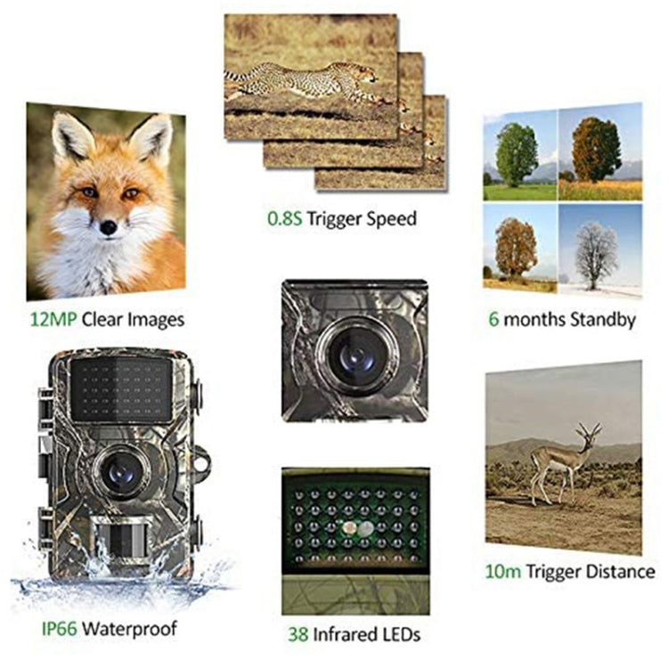 Camouflage trail camera with front lens and IR LED array shown in inset