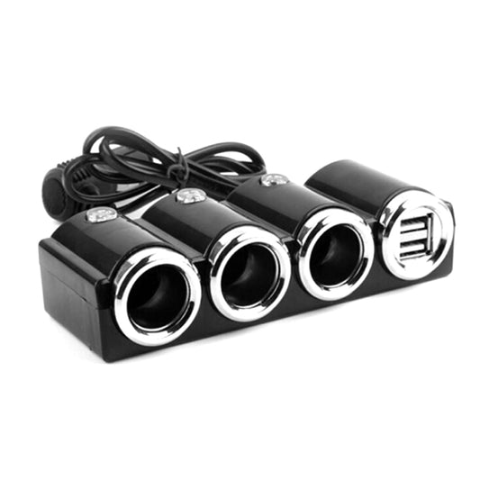 Car cigarette lighter splitter adapter with 3 sockets and dual USB ports, black