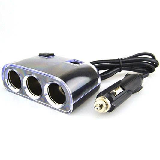 Chrome car cigarette lighter splitter with three sockets and dual USB ports, cable included