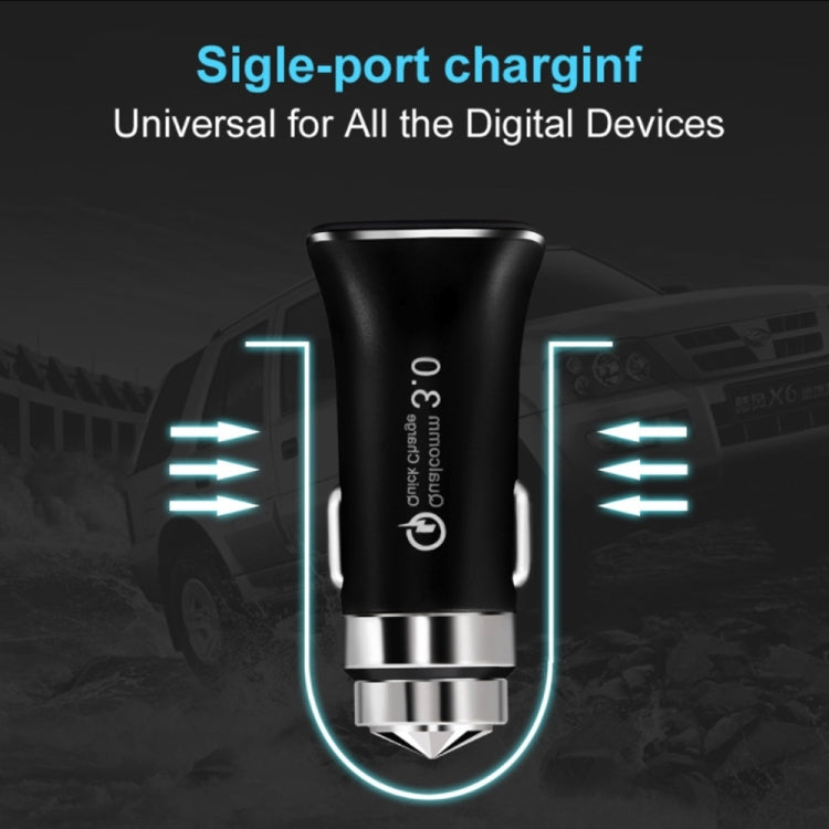 Black QC 3.0 car charger with single port and airflow-style charging indicators