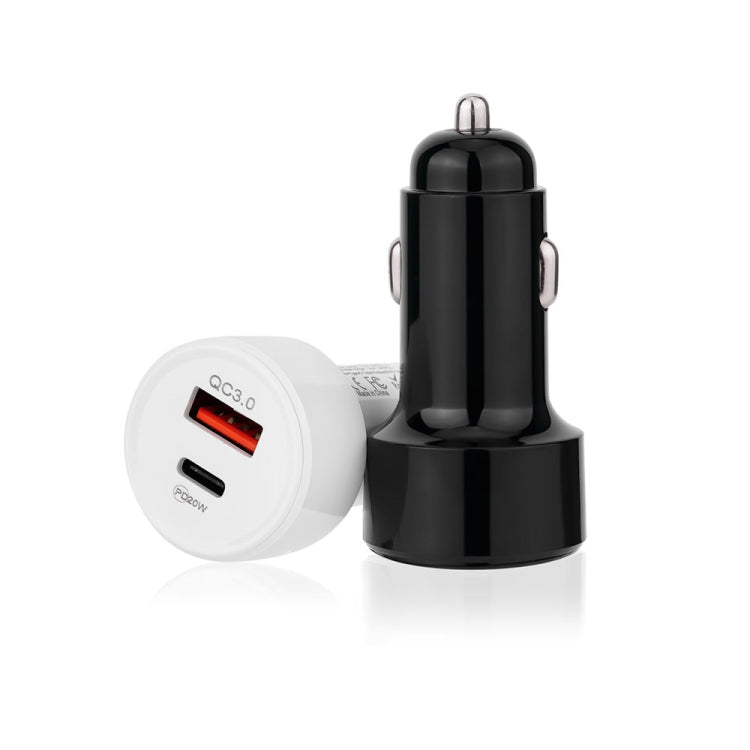 Black car charger with white companion, QC3.0 orange and PD 20W ports