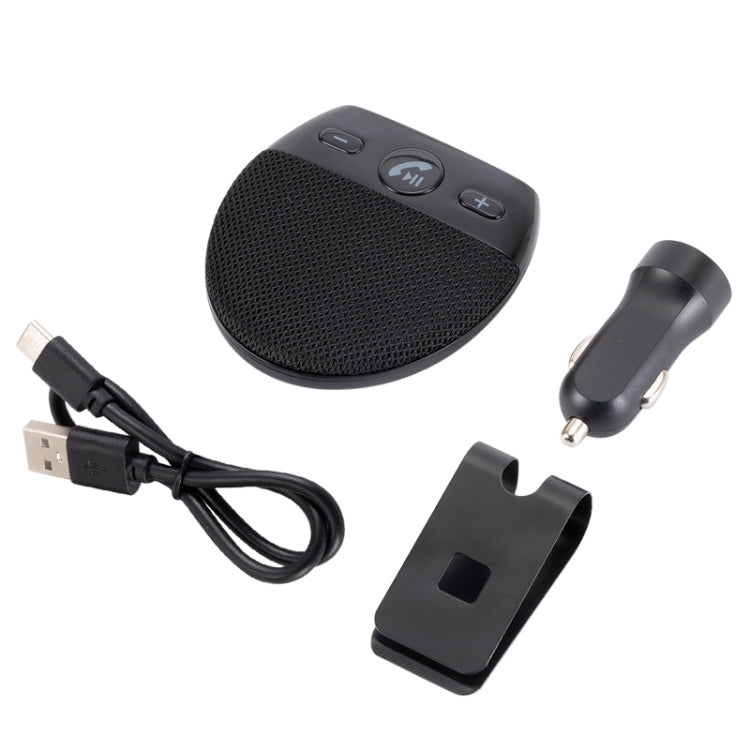 Handsfree speaker kit with USB cable, car charger, and mounting clip