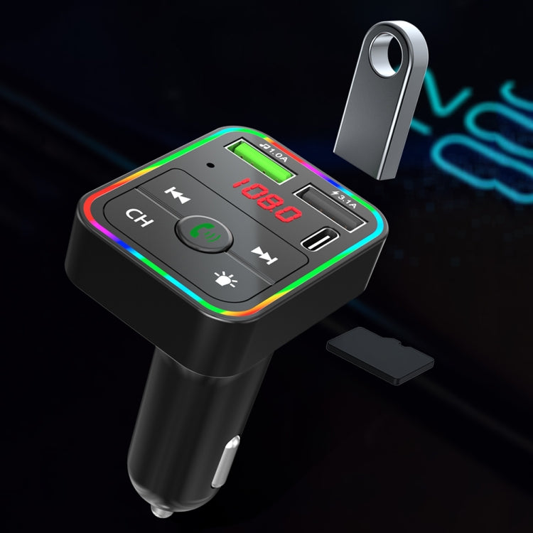 Car FM transmitter with rainbow LED border, screen, USB charging ports, black