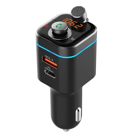Black car MP3 player FM transmitter with speaker grille, dual USB ports, LED display