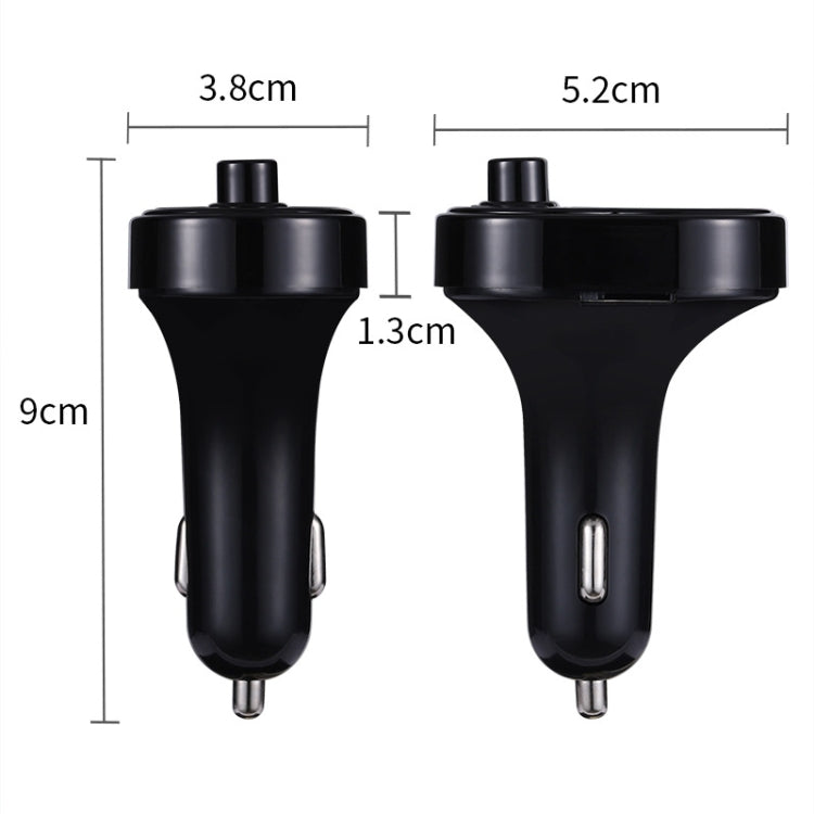 Car FM transmitter dimensions diagram, front and side views with 9cm height and 5.2cm length