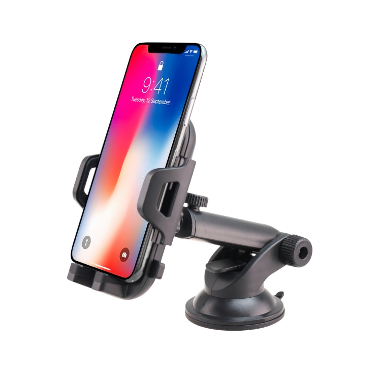 Car phone holder holding smartphone on suction cup mount, black and gray
