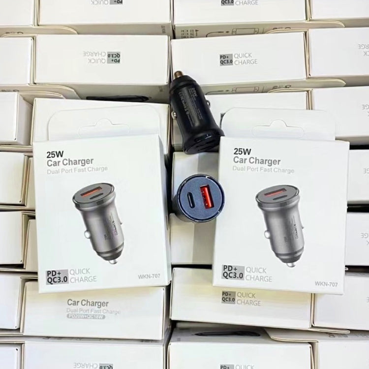 Stacked retail boxes of dual-port USB-C car charger products