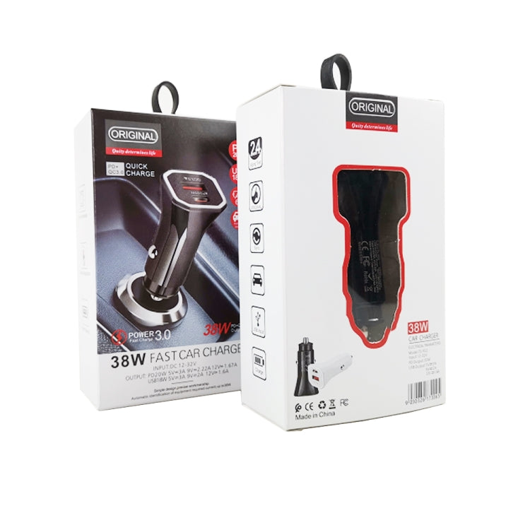 38W USB-C car charger retail box with black and white charger shown.