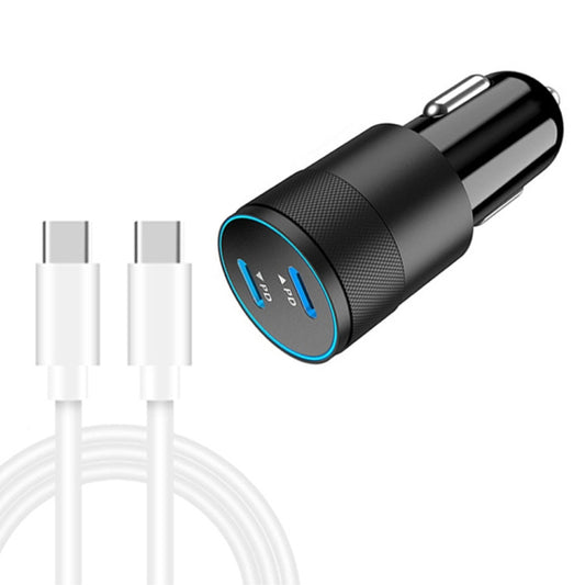 Dual USB-C car charger with black textured body and blue-ring face, two USB-C ports