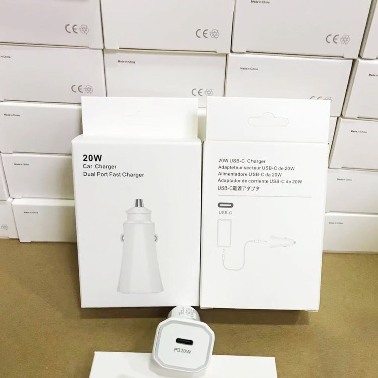 20W USB-C car charger with dual fast charging and 8-pin cable