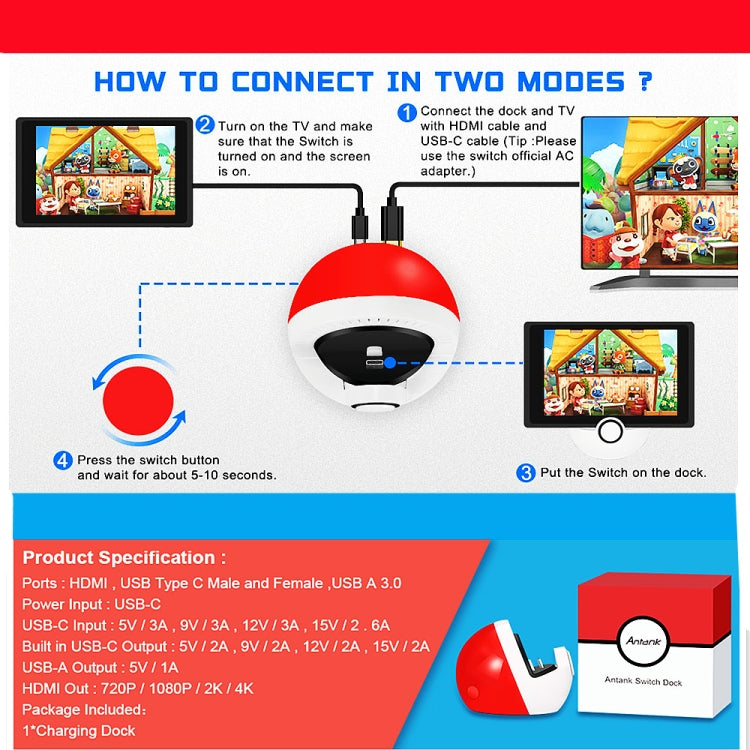 Red-and-white Switch charging dock with connecting cables and front port panel