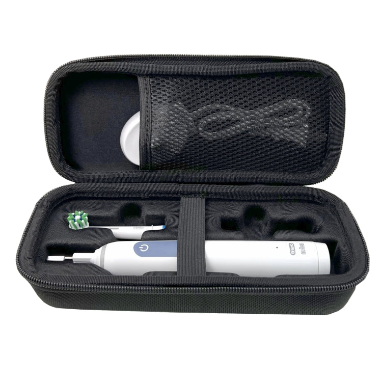 Open dark gray zippered case with fitted slots for electric toothbrush and accessories.