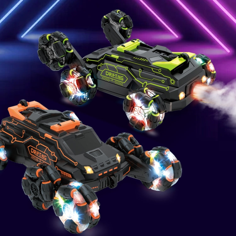 Green and orange six-wheel stunt RC cars with glowing LED headlights
