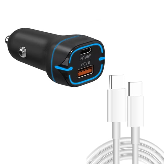 Black USB-C car charger with PD and QC ports and Type-C to Type-C cable, 1 m