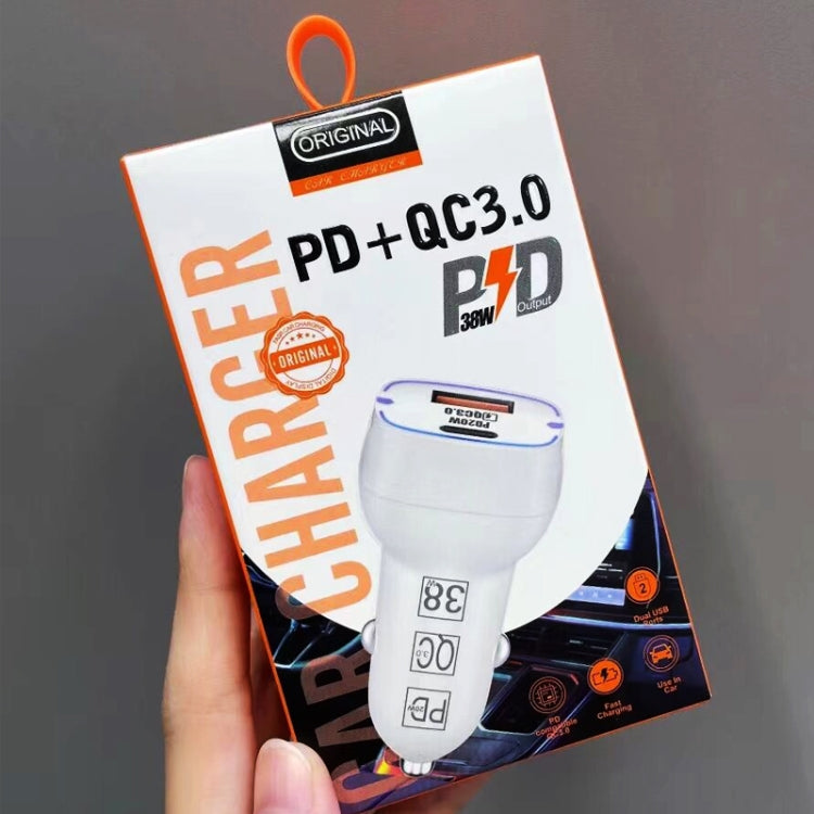 Retail package for PD+QC 3.0 car charger with USB to Type-C connector and cable.
