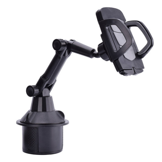 Adjustable car cup holder mount with clamp arm and cup tray, dark gray/black