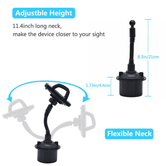 Adjustable-height flexible neck car cup holder mount with black base and clamp.