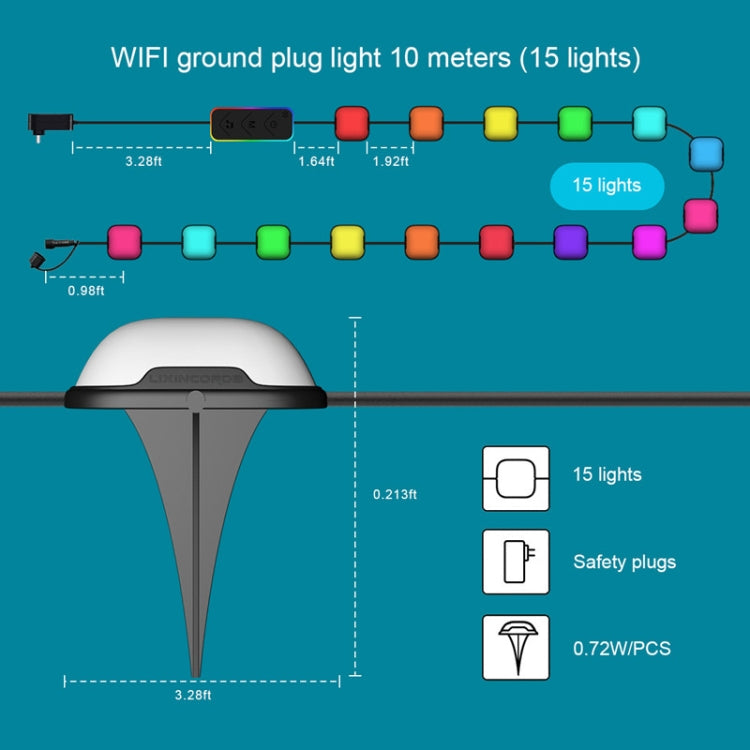 WiFi ground plug light dimensions diagram for 10m reach and 15 light heads